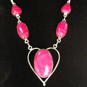 Heart Pink Lace Agate Gemstone 925 Stamped Necklace.
